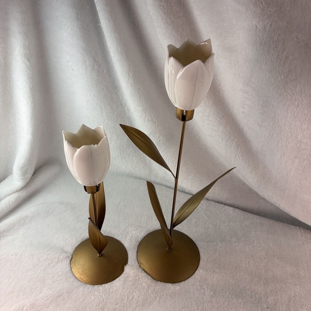 Vintage Brass & Ceramic Tulip Candle Holder Set Shabby Chic Hollywood Glam EVC